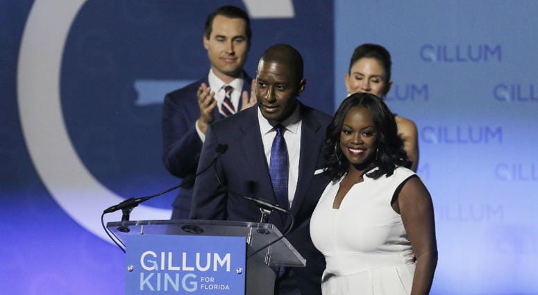 Florida gubernatorial Democratic candidate Andrew Gillum gives his concession speech with his wife R. Jai Gillum, running mate Chris King, and his wife Kristen King at Florida A&M University in Tallahassee on Tuesday, Nov. 6, 2018. Florida gubernatorial Democratic candidate Andrew Gillum gives his concession speech with his wife R. Jai Gillum, running mate Chris King, and his wife Kristen King at Florida A&M University in Tallahassee on Tuesday, Nov. 6, 2018.