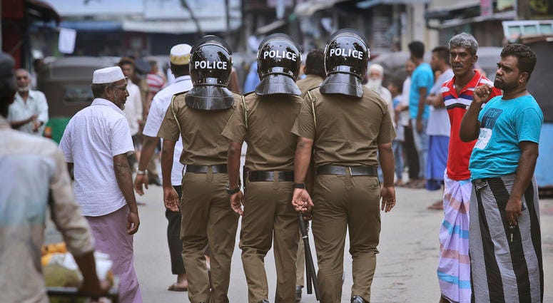 Sri Lankan policeman patrol in a Muslim neighborhood before Friday prayers in Colombo, Sri Lanka, Friday, April 26, 2019. Across Colombo, there was a visible increase of security as authorities warned of another attack and pursued suspects that could have Sri Lankan policeman patrol in a Muslim neighborhood before Friday prayers in Colombo, Sri Lanka, Friday, April 26, 2019. Across Colombo, there was a visible increase of security as authorities warned of another attack and pursued suspects that could have