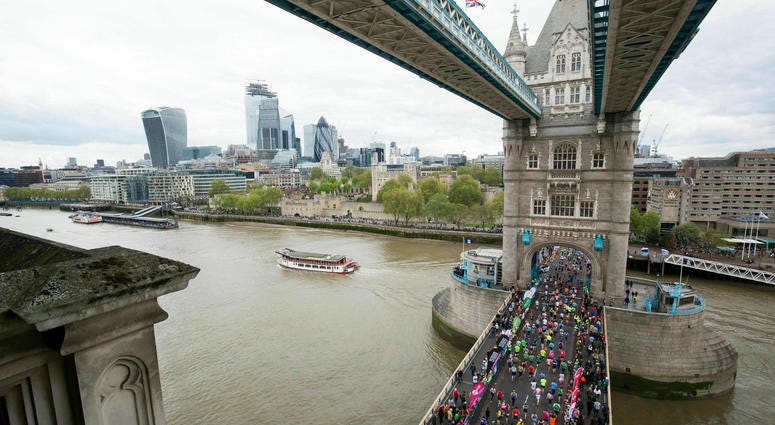 Runners take part in the 2019 London Marathon, over Tower Bridge in London, Sunday April 28, 2019. Runners take part in the 2019 London Marathon, over Tower Bridge in London, Sunday April 28, 2019.