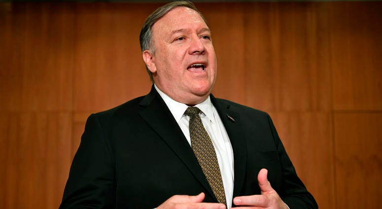 Secretary of State Mike Pompeo talks to the media on the sidelines of the Arctic Council ministers' working dinner at the Arktikum museum in Rovaniemi, Finland, Monday, May 6, 2019. Secretary of State Mike Pompeo talks to the media on the sidelines of the Arctic Council ministers' working dinner at the Arktikum museum in Rovaniemi, Finland, Monday, May 6, 2019.