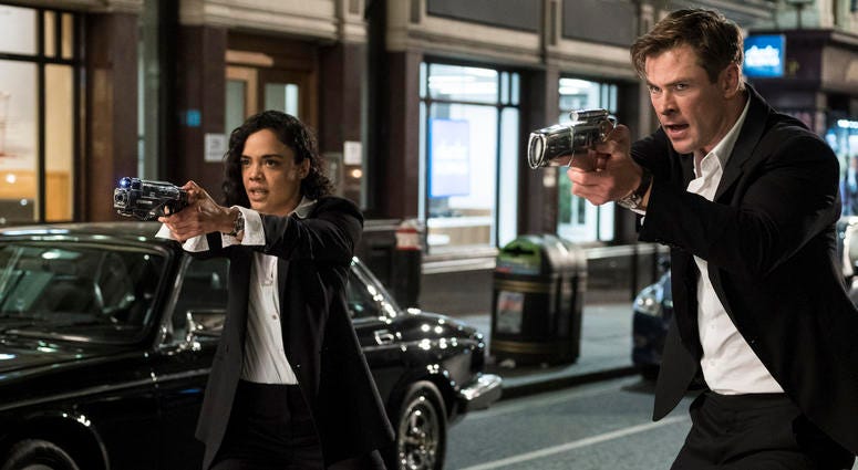 This image released by Sony Pictures shows Tessa Thompson and Chris Hemsworth in a scene from Columbia Pictures' "Men in Black: International." This image released by Sony Pictures shows Tessa Thompson and Chris Hemsworth in a scene from Columbia Pictures' "Men in Black: International."