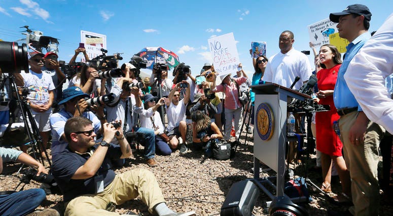 U.S. Rep. Alexandria Ocasio-Cortez, D-New York, talks about what she saw on her tour of area border facilities Monday, July 1, at the Border Patrol station in Clint. Ocasio-Cortez was attempting to talk over the protesters. U.S. Rep. Alexandria Ocasio-Cortez, D-New York, talks about what she saw on her tour of area border facilities Monday, July 1, at the Border Patrol station in Clint. Ocasio-Cortez was attempting to talk over the protesters.