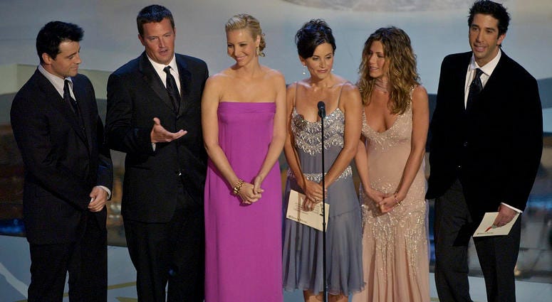 FILE - In this Sept. 22, 2002, file photo the cast of television's "Friends", from left: Matt LeBlanc, Matthew Perry, Lisa Kudrow, Courteney Cox Arquette, Jennifer Aniston and David Schwimmer appear during the 54th Annual Primetime Emmy Awards at the Shri AT&T is pulling “Friends” from Netflix to beef up its own upcoming streaming service.