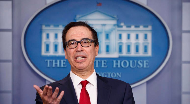 Treasury Secretary Steve Mnuchin speaks during a news briefing at the White House, in Washington, Monday, July 15, 2019. Treasury Secretary Steve Mnuchin speaks during a news briefing at the White House, in Washington, Monday, July 15, 2019.