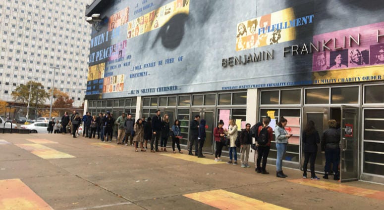 A long line snakes around Benjamin Franklin High School, a polling place in Philadelphia. A long line snakes around Benjamin Franklin High School, a polling place in Philadelphia.