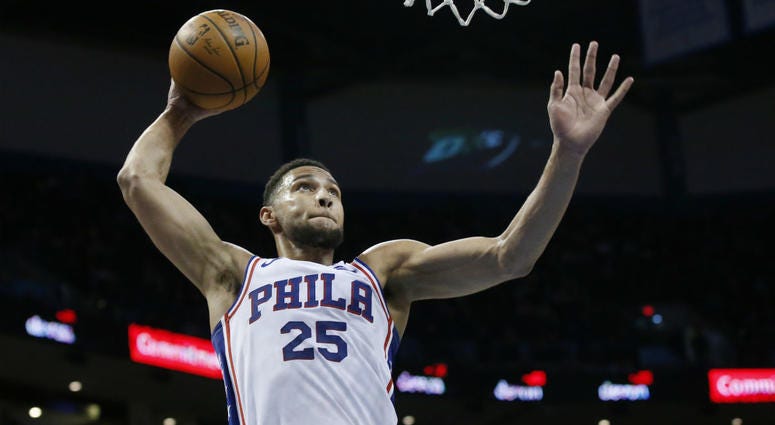 Philadelphia 76ers guard Ben Simmons goes up for a dunk during the first half of the team's NBA basketball game against the Oklahoma City Thunder on Thursday, Feb. 28, 2019, in Oklahoma City. Philadelphia 76ers guard Ben Simmons goes up for a dunk during the first half of the team's NBA basketball game against the Oklahoma City Thunder on Thursday, Feb. 28, 2019, in Oklahoma City.