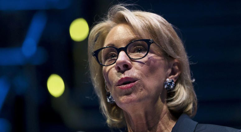 In this Sept. 17, 2018 photo, Education Secretary Betsy DeVos speaks during a student town hall at National Constitution Center in Philadelphia. In this Sept. 17, 2018 photo, Education Secretary Betsy DeVos speaks during a student town hall at National Constitution Center in Philadelphia.