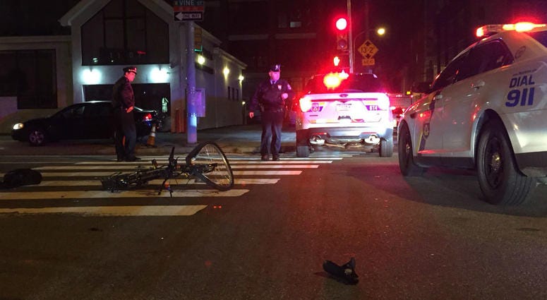 A bicyclist was struck by car at 11th and Vine streets in Philadelphia. A bicyclist was struck by car at 11th and Vine streets in Philadelphia.