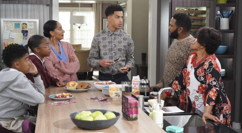 This image released by ABC shows, from left, Miles Brown, Marsai Martin, Tracee Ellis Ross, Marcus Scribner, Anthony Anderson and Jenifer Lewis in a scene from "black-ish." This image released by ABC shows, from left, Miles Brown, Marsai Martin, Tracee Ellis Ross, Marcus Scribner, Anthony Anderson and Jenifer Lewis in a scene from "black-ish."