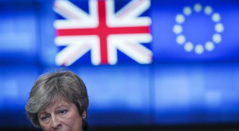 Britain's Prime Minister Theresa May talks to journalists after her meeting with European Council President Donald Tusk at the European Council headquarters in Brussels, Thursday, Feb. 7, 2019. Britain's Prime Minister Theresa May talks to journalists after her meeting with European Council President Donald Tusk at the European Council headquarters in Brussels, Thursday, Feb. 7, 2019.