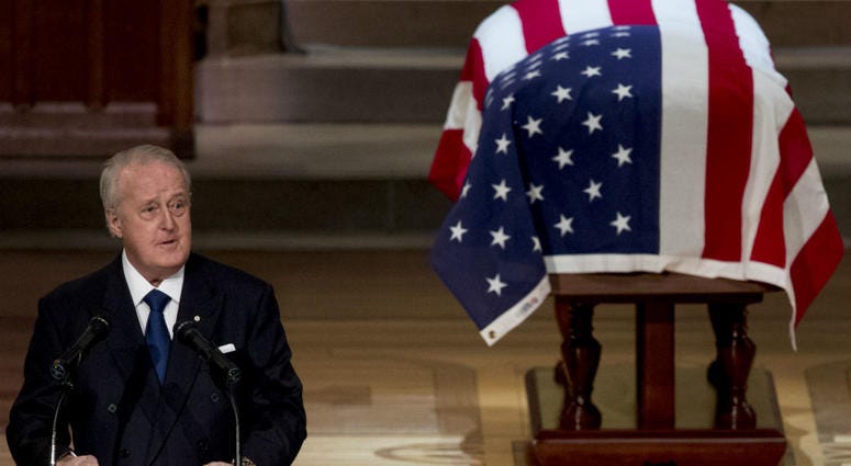 Former Canadian Prime Minister Brian Mulroney speaks during the State Funeral for former President George H.W. Bush at the National Cathedral, December 5, 2018 in Washington, DC. Former Canadian Prime Minister Brian Mulroney speaks during the State Funeral for former President George H.W. Bush at the National Cathedral, December 5, 2018 in Washington, DC.