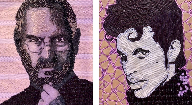 Details of candy portraits of Steve Jobs and Prince. Details of candy portraits of Steve Jobs and Prince.