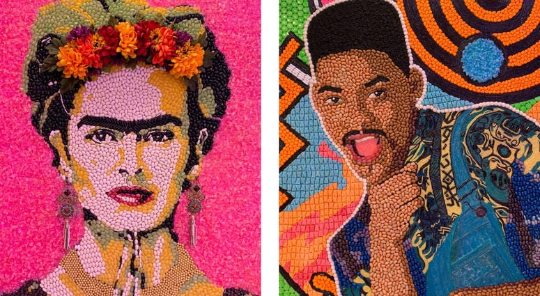 Details of candy portraits of Frida Kahlo and Will Smith. Details of candy portraits of Frida Kahlo and Will Smith.