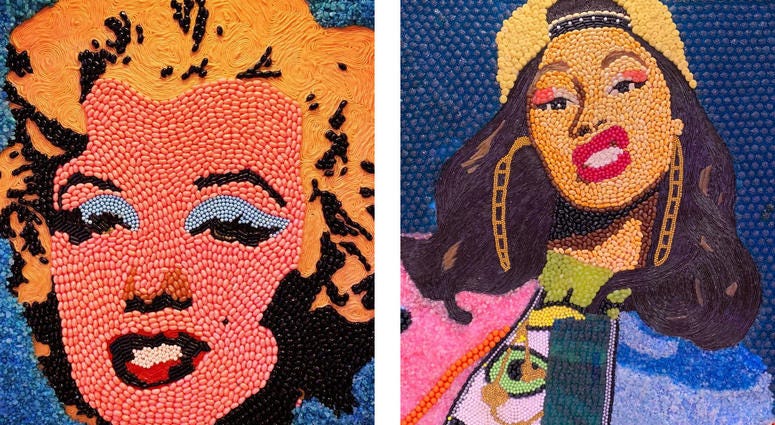 Details of candy portraits of Marilyn Monroe and Cardi B. Details of candy portraits of Marilyn Monroe and Cardi B.