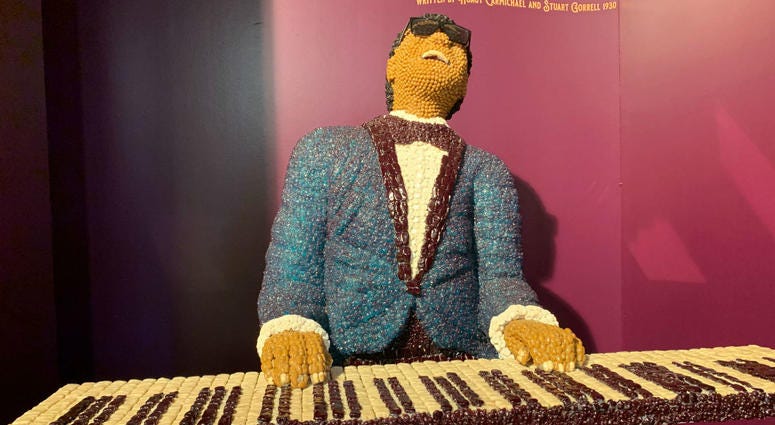 Detail from a candy sculpture of Ray Charles. Detail from a candy sculpture of Ray Charles.