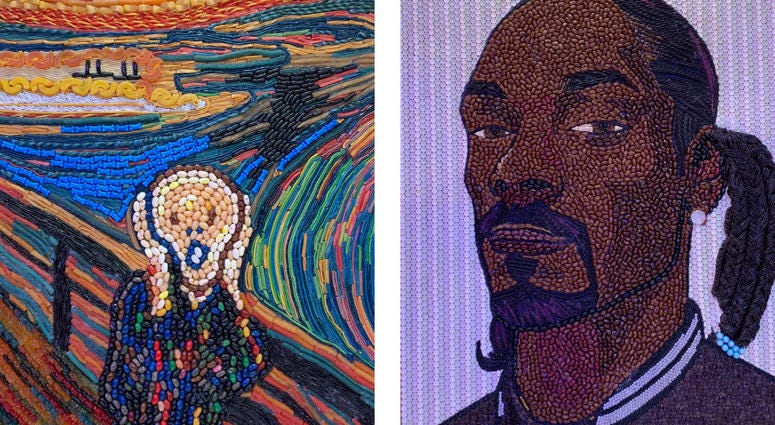 Details of a candy recreation of Edvard Munch's 'The Scream' and a candy portrait of Snoop Dogg. Details of a candy recreation of Edvard Munch's 'The Scream' and a candy portrait of Snoop Dogg.