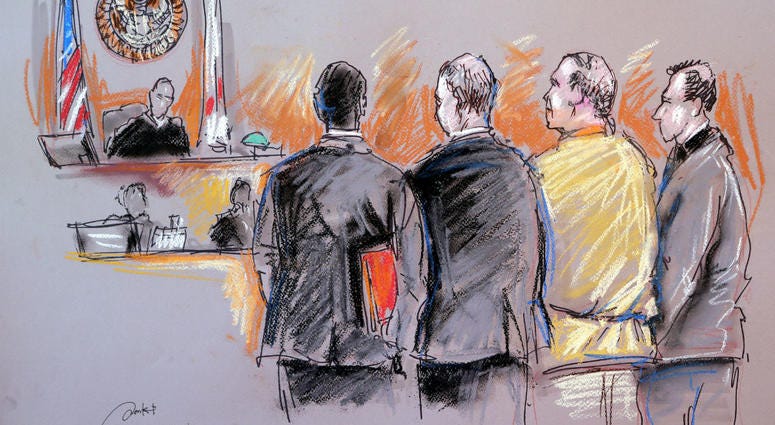 In this courtroom sketch, Cesar Sayoc, second from right, appears in federal court, Monday, Oct. 29, 2018, in Miami. In this courtroom sketch, Cesar Sayoc, second from right, appears in federal court, Monday, Oct. 29, 2018, in Miami.