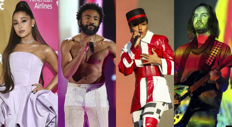 From left: Ariana Grande, Childish Gambino, Janelle Monae, Kevin Parker of the band Tame Impala From left: Ariana Grande, Childish Gambino, Janelle Monae, Kevin Parker of the band Tame Impala