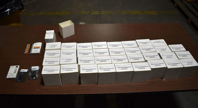Federal customs agents in Philadelphia intercepted more than 1,150 counterfeit e-cigarette Juul pods and three chargers. Federal customs agents in Philadelphia intercepted more than 1,150 counterfeit e-cigarette Juul pods and three chargers.