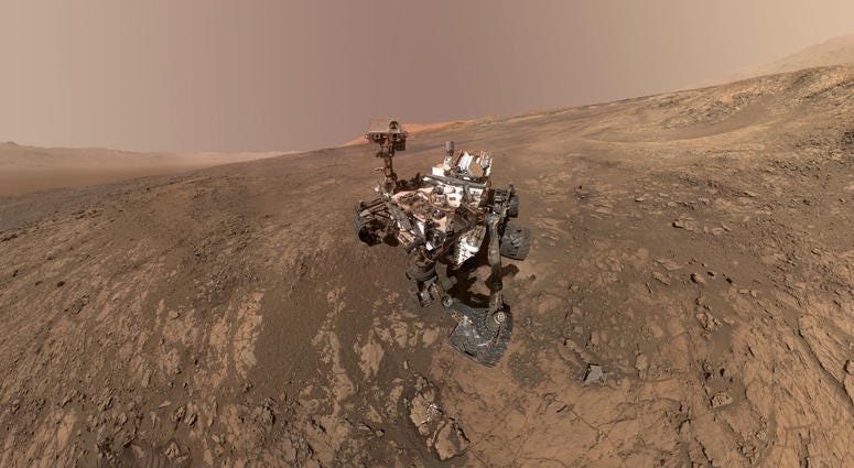 This composite image made from a series of Jan. 23, 2018 photos shows a self-portrait of NASA's Curiosity Mars rover on Vera Rubin Ridge. NASA's Curiosity Mars rover