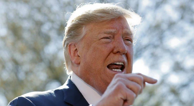 President Donald Trump speaks to members of the media on the South Lawn of the White House in Washington, before boarding Marine One helicopter, Wednesday, April 10, 2019. President Donald Trump speaks to members of the media on the South Lawn of the White House in Washington, before boarding Marine One helicopter, Wednesday, April 10, 2019.