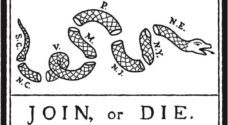 The Join, or Die cartoon, by Benjamin Franklin The Join, or Die cartoon, by Benjamin Franklin