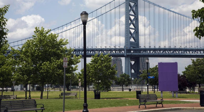 View of the Ben Franklin Bridge from Camden, New Jersey. Camden New Jersey