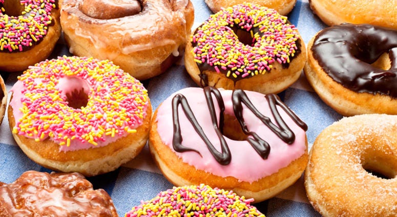 A selection of colorful donuts. Donut variety