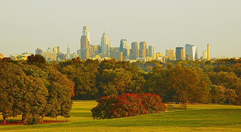 Philadelphia skyline from Fairmount Park across the Schuylkill River Philadelphia skyline from Fairmount Park across the Schuylkill River.