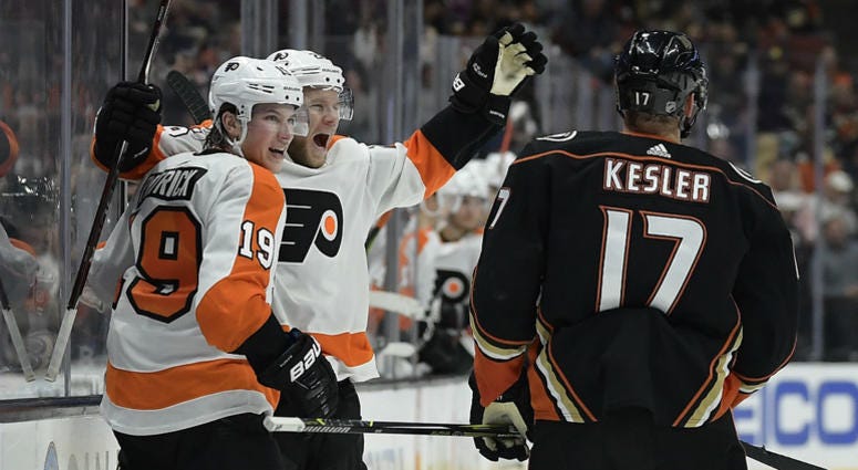 Philadelphia Flyers center Nolan Patrick, left, celebrates his goal with center Claude Giroux as Anaheim Ducks center Ryan Kesler (17) skates by. Philadelphia Flyers center Nolan Patrick, left, celebrates his goal with center Claude Giroux as Anaheim Ducks center Ryan Kesler (17) skates by.