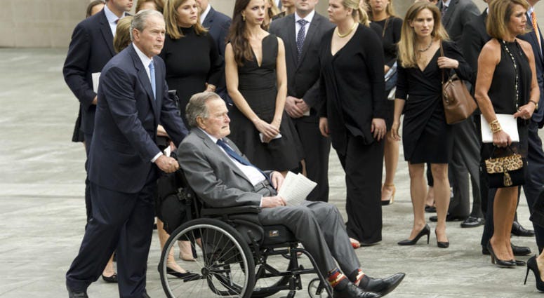 Former President George H.W. Bush, and son, former President George W. Bush, leave St. Martin's Episcopal Church following the funeral of their wife and mother, former First Lady Barbara Bush. President George H.W. Bush