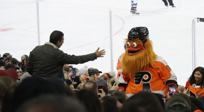 The Philadelphia Flyers mascot Gritty works the crowd during the game against the Colorado Avalanche at the Wells Fargo Center on Oct. 22, 2018 in Philadelphia. Gritty