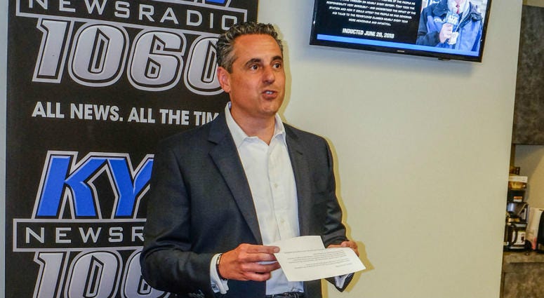 David Yadgaroff, senior vice president and market manager of Entercom Philadelphia, speaks before retired KYW Newsradio reporter Tony Hanson is inducted into the KYW Newsradio Hall of Fame. David Yadgaroff, senior vice president and market manager of Entercom Philadelphia, speaks before retired KYW Newsradio reporter Tony Hanson is inducted into the KYW Newsradio Hall of Fame.