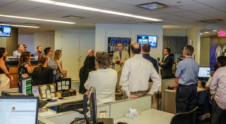 Retired KYW Newsradio reporter Tony Hanson receives a Hall of Fame award in the KYW Newsradio newsroom. Retired KYW Newsradio reporter Tony Hanson receives a Hall of Fame award in the KYW Newsradio newsroom.