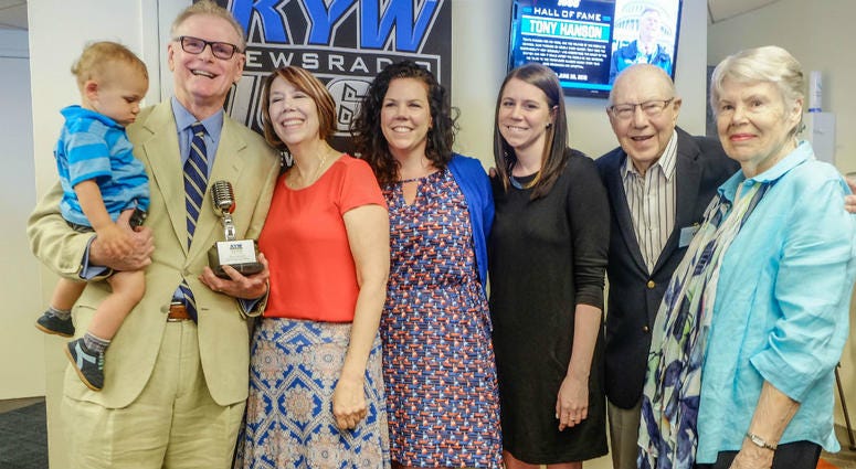 Retired KYW Newsradio reporter Tony Hanson is shown with his family in the KYW Newsradio newsroom. Retired KYW Newsradio reporter Tony Hanson is shown with his family in the KYW Newsradio newsroom.