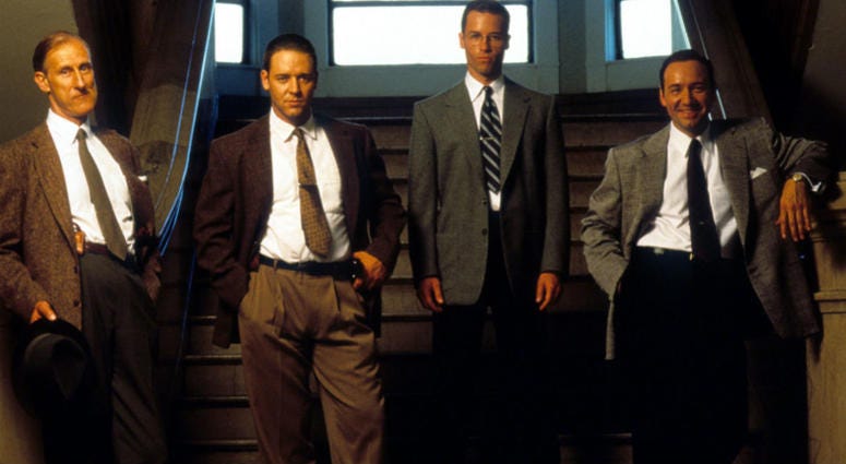 James Cromwell, Russell Crowe, Guy Pearce and Kevin Spacey in publicity portrait for the film 'L.A. Confidential', 1997. Kevin Spacey