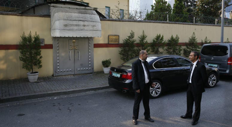 Security personnel guard Saudi Arabia's consulate in Istanbul, Monday, Oct. 22, 2018. Security personnel guard Saudi Arabia's consulate in Istanbul, Monday, Oct. 22, 2018.