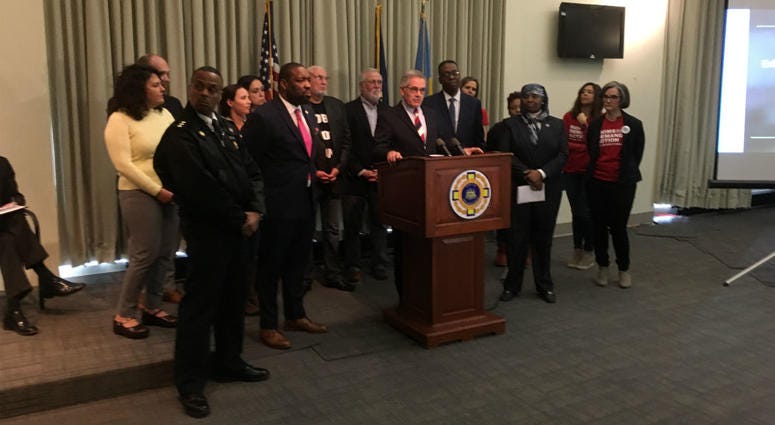District Attorney Larry Krasner stands with City Council President Darrell Clarke and Police Commissioner Richard Ross District Attorney Larry Krasner stands with City Council President Darrell Clarke and Police Commissioner Richard Ross