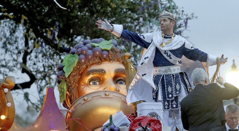 Bacchus LI, actor Jensen Ackles, throws to the crowd as the 1,600 men of Bacchus present their 32-float Mardi Gras parade entitled "Starring Louisiana" on the Uptown route in New Orleans on Sunday, March 3, 2019. Bacchus LI, actor Jensen Ackles, throws to the crowd as the 1,600 men of Bacchus present their 32-float Mardi Gras parade entitled "Starring Louisiana" on the Uptown route in New Orleans on Sunday, March 3, 2019.