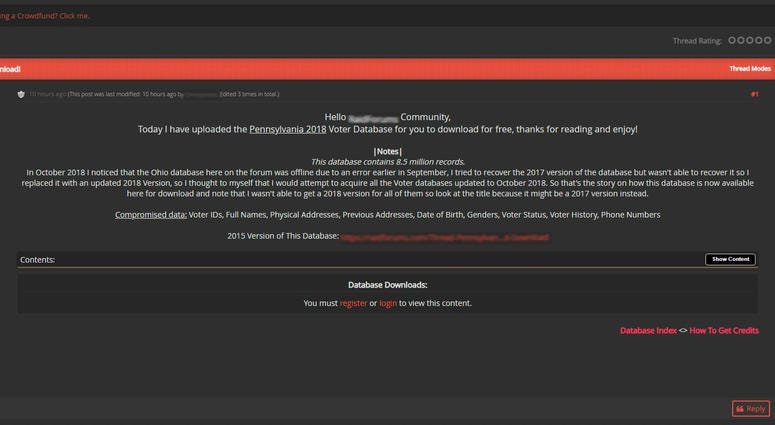 Pennsylvania's voter database is posted to a website that's a favorite of hackers. pa voter database