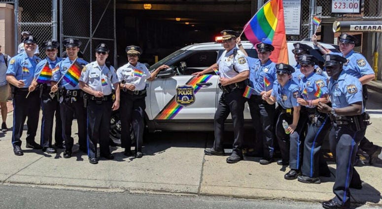Philadelphia police officers marched in uniform in the 2019 Philadelphia Pride Parade. Philadelphia police officers marched in uniform in the 2019 Philadelphia Pride Parade.