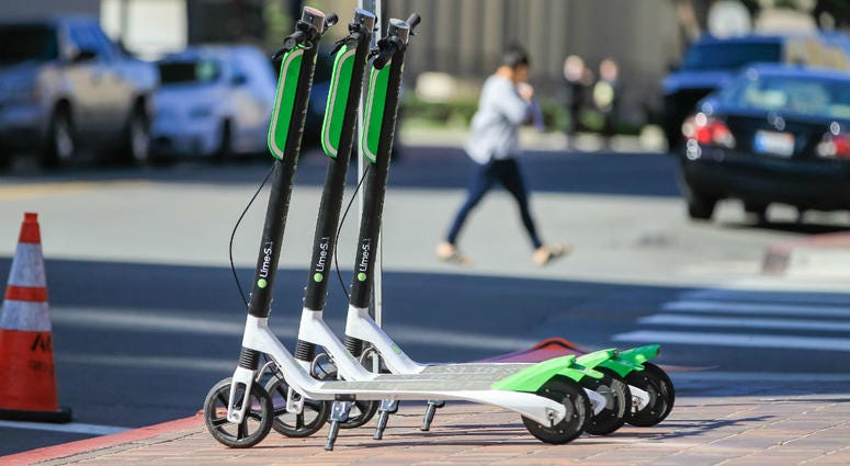 LimeBike scooters for rent on the corner of F Street and Front Street in downtown San Diego on March 1, 2018. LimeBike scooters for rent on the corner of F Street and Front Street in downtown San Diego on March 1, 2018.