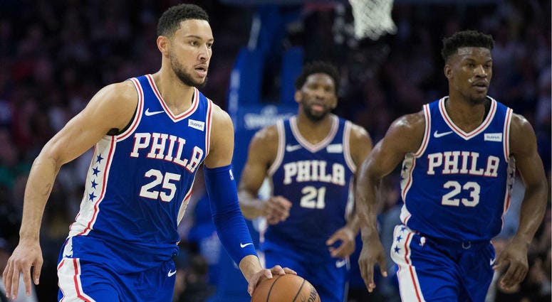 Philadelphia 76ers guard Ben Simmons (25) dribbles up court in front of guard Jimmy Butler (23) and center Joel Embiid (21) during the second quarter against the Boston Celtics at Wells Fargo Center. Philadelphia 76ers guard Ben Simmons (25) dribbles up court in front of guard Jimmy Butler (23) and center Joel Embiid (21) during the second quarter against the Boston Celtics at Wells Fargo Center.