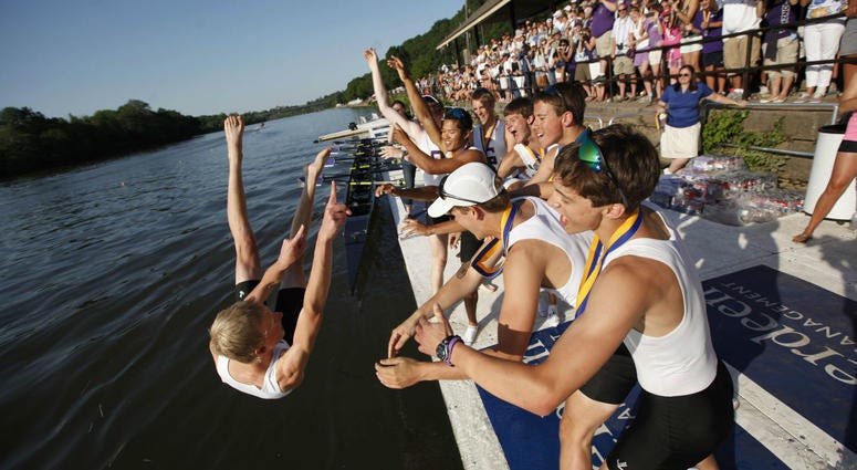 Cowswain Stephen Veland is thrown into the Schuykill after Gonzaga won the Boys Senior Eight Final in the Stotesbury Cup in 2012. Cowswain Stephen Veland is thrown into the Schuykill after Gonzaga won the Boys Senior Eight Final in the Stotesbury Cup in 2012.