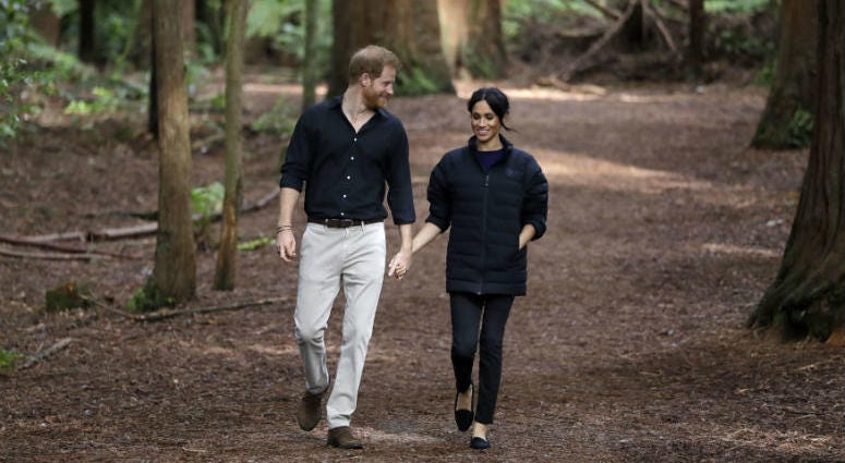 The Duke and Duchess of Sussex walk through a forest during a visit to Redwoods Tree Walk and Mountain Biking Showcase in Rotorua, New Zealand, on day four of the royal couple's tour of New Zealand. The Duke and Duchess of Sussex walk through a forest during a visit to Redwoods Tree Walk and Mountain Biking Showcase in Rotorua, New Zealand, on day four of the royal couple's tour of New Zealand.