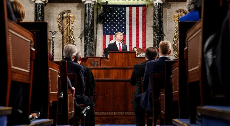FEBRUARY 5, 2019 - WASHINGTON, DC: President Donald Trump delivered the State of the Union address, with Vice President Mike Pence and Speaker of the House Nancy Pelosi, at the Capitol in Washington, DC on February 5, 2019. FEBRUARY 5, 2019 - WASHINGTON, DC: President Donald Trump delivered the State of the Union address, with Vice President Mike Pence and Speaker of the House Nancy Pelosi, at the Capitol in Washington, DC on February 5, 2019.