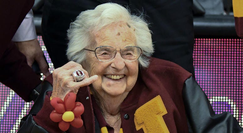 In this Nov. 27, 2018, file photo, Loyola of Chicago's Sister Jean shows off the NCAA Final Four ring she received before an NCAA college basketball game between Loyola of Chicago and Nevada in Chicago. In this Nov. 27, 2018, file photo, Loyola of Chicago's Sister Jean shows off the NCAA Final Four ring she received before an NCAA college basketball game between Loyola of Chicago and Nevada in Chicago.