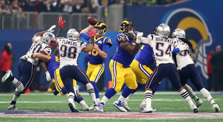 Los Angeles Rams quarterback Jared Goff (16) throws a pass against the New England Patriots in the third quarter in Super Bowl LIII at Mercedes-Benz Stadium. Los Angeles Rams quarterback Jared Goff (16) throws a pass against the New England Patriots in the third quarter in Super Bowl LIII at Mercedes-Benz Stadium.