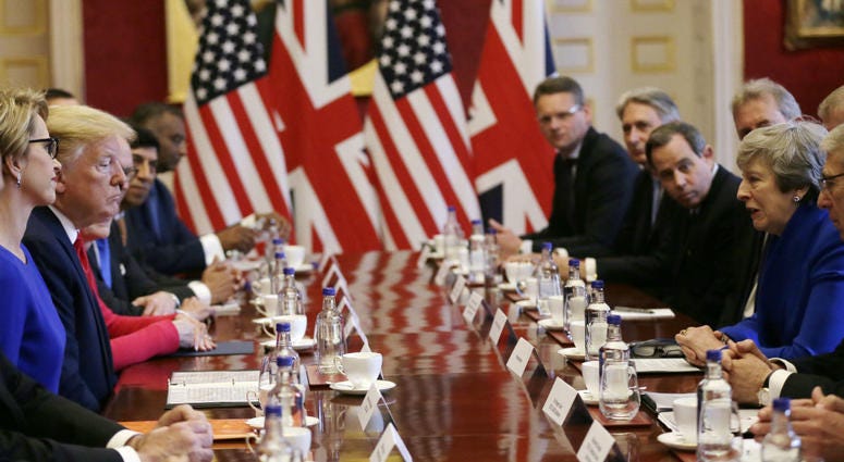 U.S President Donald Trump, center left, and British Prime Minister Theresa May, center right, attend a business roundtable event at St. James's Palace, London, Tuesday June 4, 2019. U.S President Donald Trump, center left, and British Prime Minister Theresa May, center right, attend a business roundtable event at St. James's Palace, London, Tuesday June 4, 2019.