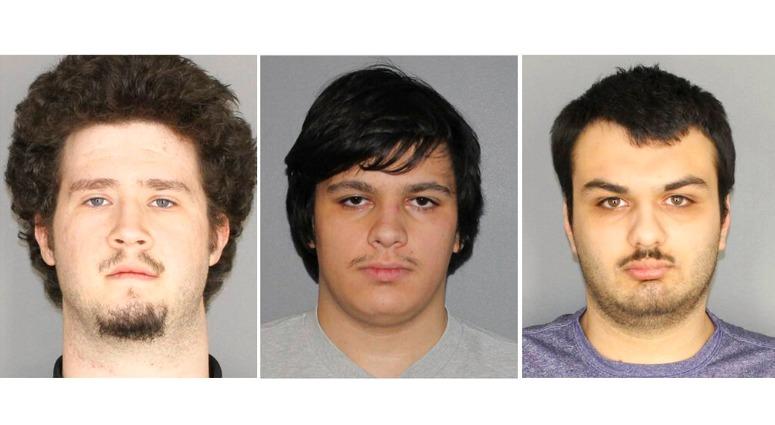 This combination of three Jan. 22, 2019, photographs released by the Greece Police Department in Greece, N.Y., shows Brian Colaneri, from left, Andrew Crysel and Vincent Vetromile. This combination of three Jan. 22, 2019, photographs released by the Greece Police Department in Greece, N.Y., shows Brian Colaneri, from left, Andrew Crysel and Vincent Vetromile.